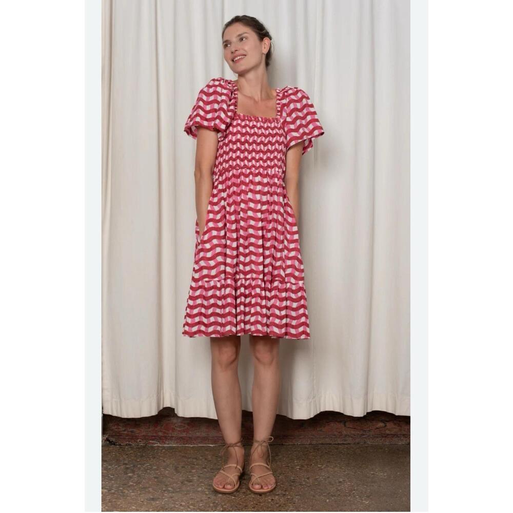 Ophelia & Indigo Delilah Dress XS Red Pink Zigzag Stripe Cotton Resort Smock NWT